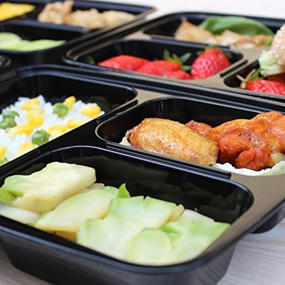 Meal Bento Boxes Prep Containers 20 Pack 3 Compartment Lids, Food