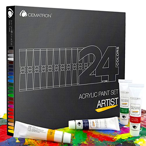 Acrylic Paint Set Artist Quality 24 Heavy Body Colors for Miniatures Canvas Glass Mandala Rocks Ceramic and Crafts Great Gift for Professional Artist Student and Kids by Cematron