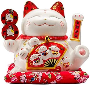 Chinese Feng Shui White Lucky Waving Cat Figure With Moving Arm Maneki Neko Waving Fortune Cat L34*W23*H29cm, 1