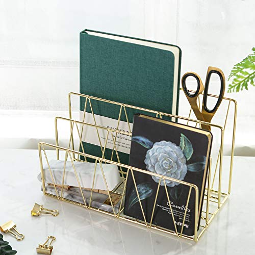 Simmer Stone Mail Sorter, 3 Slot Wire Letter Holder Rack, Decorative Desk File Organizer for Bill, Postcard, Brochure, Magazine and More, Gold - Thumbnail 2