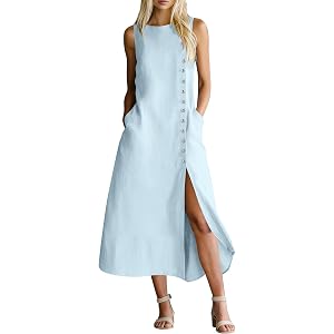 Women's Linen Midi Dress Sleeveless Crew Neck Side Button High Split Dress with Pockets Summer Beach Vacation Sundress