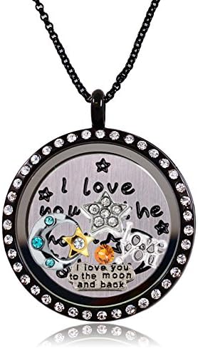 HotBuyKing TM: Perfect Gift - Rhinestone Round Floating Locket With Five-piece Bonus Charms and I Love You To The Moon And Back Steel Plate + Velvet Gift Bag (Black)