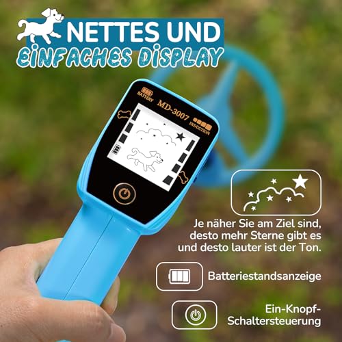 Metal Detector Children, Smofrees via USB Rechargeable Small Children's Metal Detector, Adjustable 60-86 cm Portable Metal Detector with Fun LCD Display for Outdoor Exploration, Blue