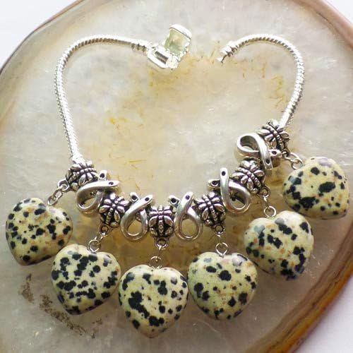 Teng Yu Fashion Dalmation Jasper Heart Dangle Pendant Fit European Bead Bracelet 7.5 Inch