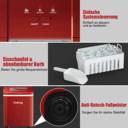 COSTWAY Eiswürfelmaschine Ice Maker 12KG/24H, Eismaschine Eiswürfelbereiter inkl. Eiswürfelschaufel / 9 Eiswürfel in 8 min / 1,6L Wassertank / 120W / 31x22x30cm (Rot) – Bild 6