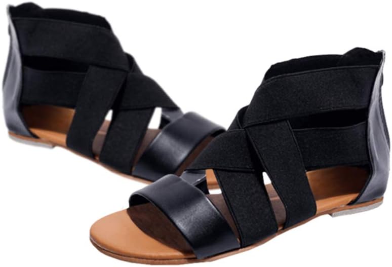 Juleya Sandals Women Summer Flat Shoes Peep Toe Sandals, Back Zip Gladiator Sandals, Breathable Casual Beach Flats Shoes, Boho Elastic Strap Sandals Fashion Summer Shoes, Open-Toe Roman Sandals