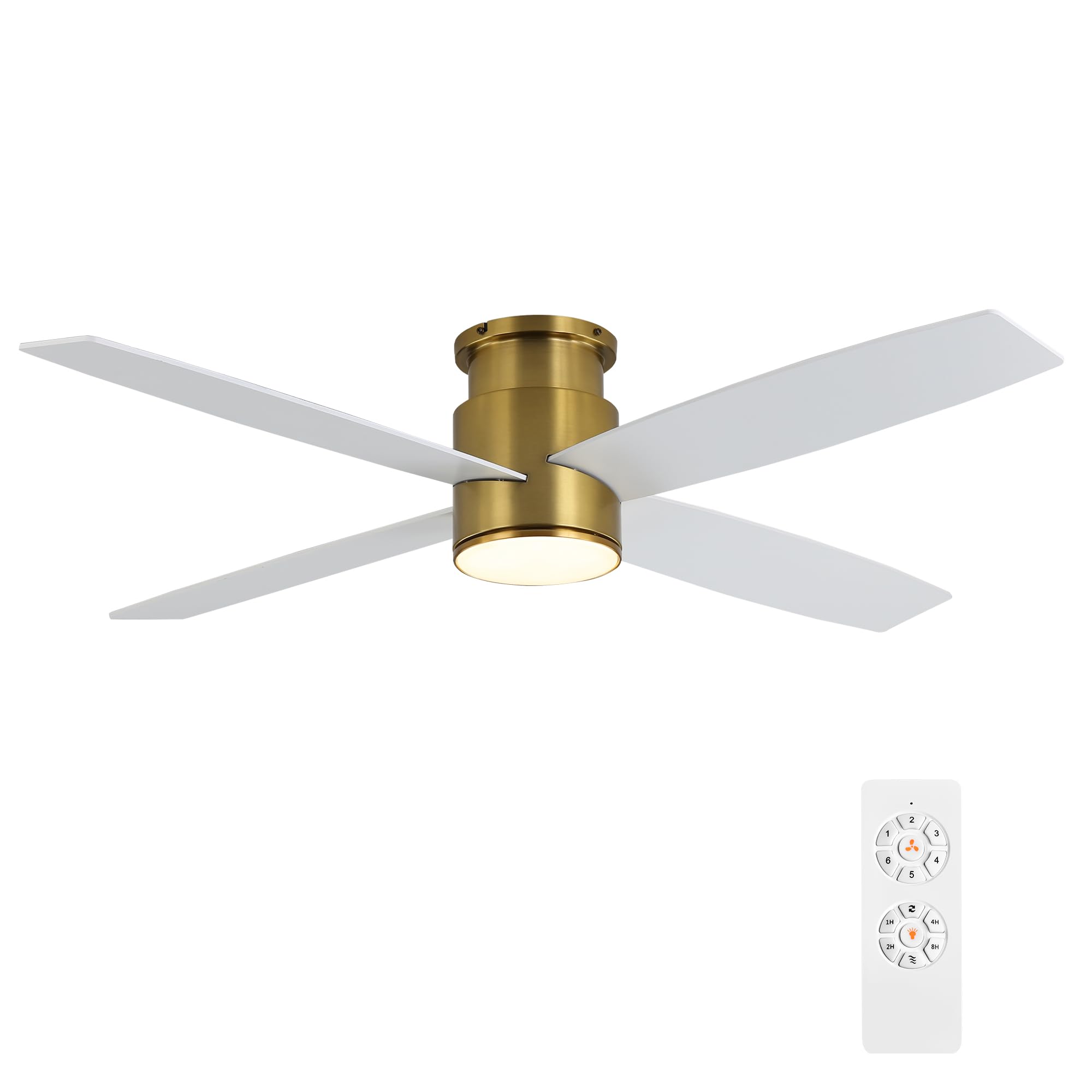 Photo 1 of WINGBO 52 Inch Flush Mount DC Ceiling Fan with Lights and Remote, 4 Reversible Blades, Ultra Quiet 6-Speed DC Motor, Hugger Low Profile Indoor Ceiling Fan, Brass Finish
