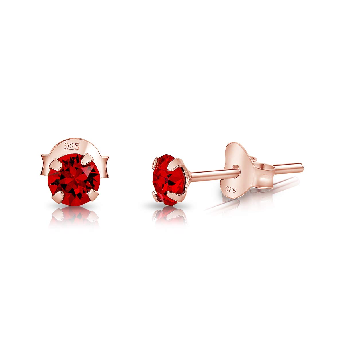 DTPSilver - 925 Sterling Silver Rose Gold plated Round SMALL Stud Earrings made with Glittering Crystals from Swarovski® Elements - Diameter: 4 mm - Colour : Red Light Siam