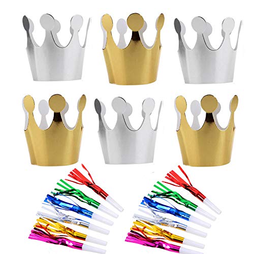Birthday Party Hats, Popmall 10 pcs Paper Crown Party Crown Hat Cap with 12 party horns noisemakers Blowouts Whistles Party Favors
