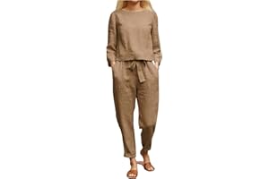 GENERIC Womens Fall Cotton Linen 2 Piece Outfits Crewneck Long Sleeve Trousers Jumpsuit Set Long Pants Suits for Women 2023
