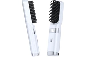 WPHIIHC Cordless Hair Straightener Brush Portable on The go Comb for Travel USB chargingTwo Power sources40s Fast HeatingLCD Large Screen Display (White)