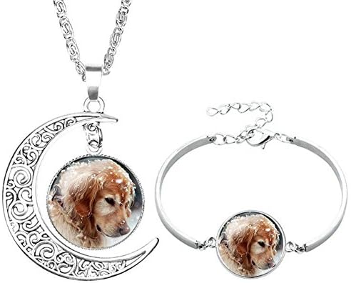 Socutee Ideal Gifts Girls, Women Cute Dog Bulldog Golden Retriever Labrador Times Gem Moon Crescent Necklace Bracelet Set