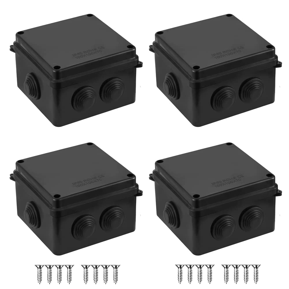 Pack of 4 Black IP65 Junction Box, ABS Plastic Outdoor External Electrical Enclosure Box, Universal Weatherproof Surface Mounted CCTV Junction Boxes (100x100x70mm) – AVARTEK (Black)
