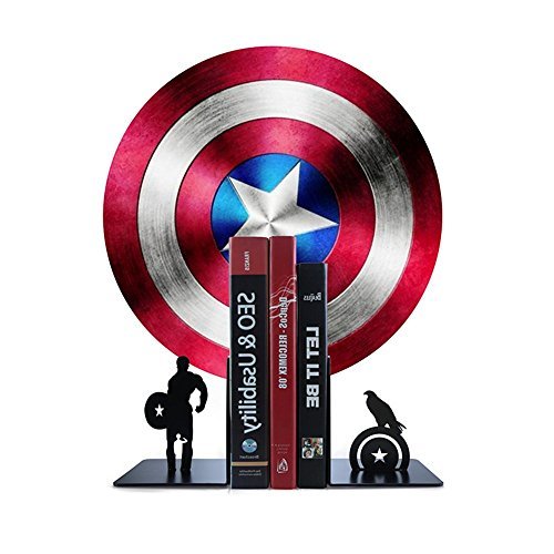 JunMi Art Creative Captain America Non Skid Steel Metal Bookends Decorative Heavy Duty, 1 Pair ( Black )