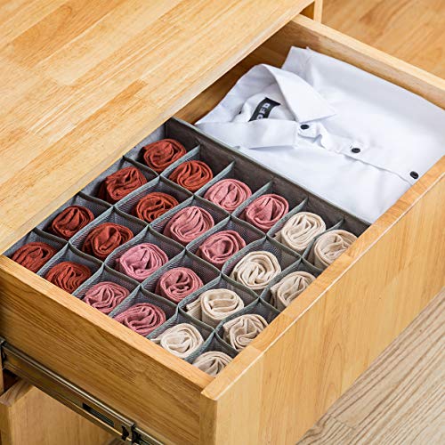 Qozary Closet Socks Organizer Drawer Divider, 24 Cell Collapsible Closet Cabinet Organizer Underwear Storage Boxes for Storing Socks, Lingerie, Underwear (Gray, 24 Cell)