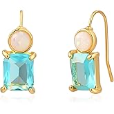 Watforsh 14K Gold Plated Blue Square Aquamarine Opal Threader Dorp Dangle Pull Through Earrings for Women