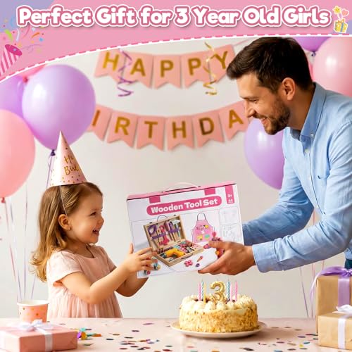 Kids Tool Set Wooden Toys for 3 Year Old Girls, 47 PCS Montessori Toys with Toy Drill & Tool Box & Apron, Pretend Play Educational Building Construction Toys for 3 4 5 Year Old Girls Gifts