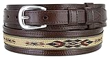 Mens Genuine Leather Ranger Belt with Southwestern Woven Diamond Pattern Accent (34 Brown)