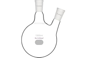 BorinGlass Two Necks Round Bottom Flask RBF, Glass 2-Neck Boiling Flask with 24/40 Standard Taper Outer Joint, 1000 ml