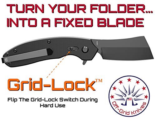 Off-Grid Knives - OG-950XB Cleaver Compact Blackout - Hard Use Legal Carry EDC Folding Knife, Safety Grid-Lock Turns This Folder Into a Fixed Blade, Cryo AUS8 Blade with TiNi, G10, Tip-Up Deep Carry