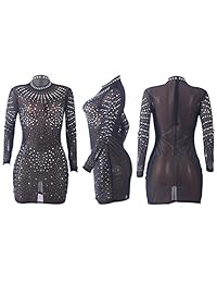 fadvanes para mujer Sexy ver a través de malla Rhinestone manga larga Bodycon Mini vestido corto fiesta clubwear