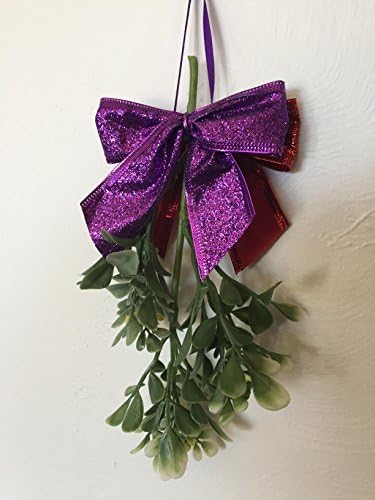 Kissing under the mistletoe, One artificial mistletoe cluster, Two stunning bright red &amp; purple bows, Nontoxic, 360 degree view, Use for many years, Naturalistic cream colored berries