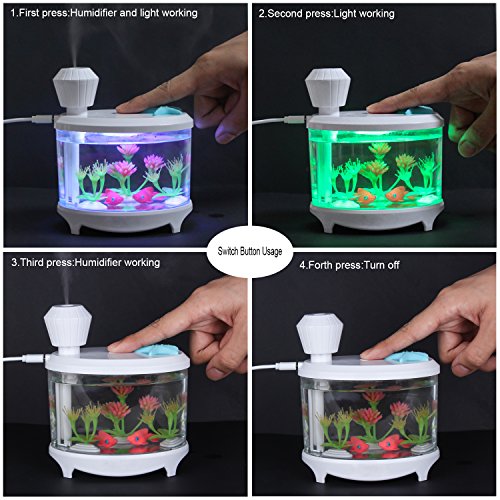 TBTeek USB Fish Tank Humidifier Ultrasonic Whisper-Quiet Operation Cool Mist Humidifier with 7 Night Lights and 8 Hours Shut-off Auto for Bedroom Babyroom Home Office Kids Baby - Thumbnail 2
