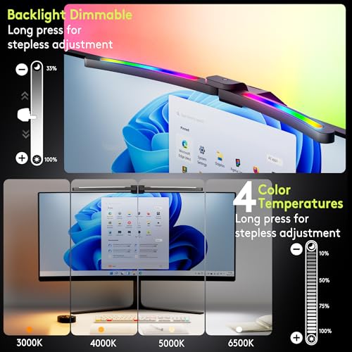 Quntis 66 cm Curved Monitor Lamp with Remote Control and RGB Backlight, Foldable Monitor Light with Automatic Dimming, Adjustable Brightness and Color Temperature