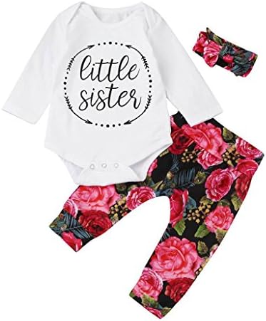 Baby Girls Little Sister Bodysuit Tops Floral Pants Bowknot Headband or Hat Outfits Set (3-6 months, Red)