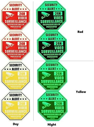 4 Pieces Video Surveillance Sign - CCTV Security Alert Glow in the Dark PVC Decal Self Adhesive Sticker- 24 Hour Surveilance Trespassers Will Be Prosecuted Sign Rust Free (2 Red + 2 Yellow)