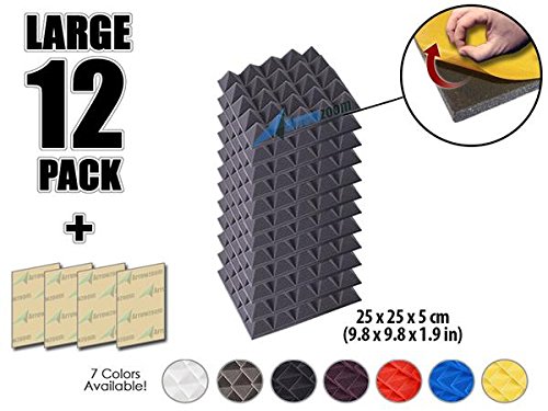 Arrowzoom New 12 Pack of 9.8" X 9.8" X 1.9" Inches Soundproofing Insulation Pyramid Self Adhesive Acoustic Foam Wall Padding Studio Foam Tiles AZ1053 (GRAY)