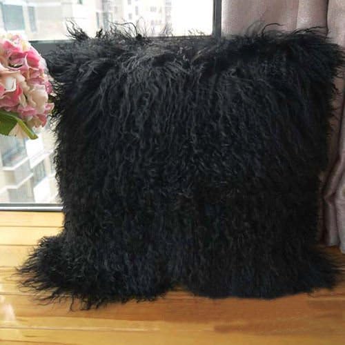 Luxurious Mongolian Lamb Wool Cushion Cover, Curly Black Fur Pillowcase, 50x50cm