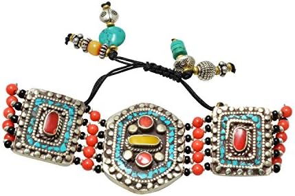 Tibetan Handcrafted Silvertone Turquoise and Red Coral Beaded Slide Bracelet, Adjustable