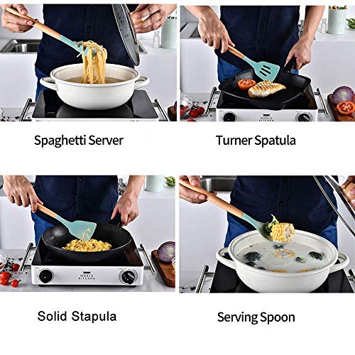 Silicone Kitchen Utensil Set, Cooking Spatulas Soup Ladle Slotted Spoon Turner Pasta Server Basting Brush Tongs Whisk Wooden Handle Heat Resistant Cookware Non-Stick Kitchen Gadgets Tools 12 Pcs