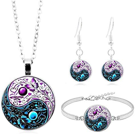 wentaotao Tai-Chi Yin-Yang Butterfly Necklace Earrings Bracelet 3pcs Gemstone Butterfly Jewelry Set