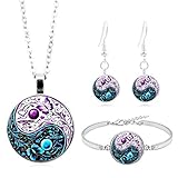 wentaotao Tai-Chi Yin-Yang Butterfly Necklace Earrings Bracelet 3pcs Gemstone Butterfly Jewelry Set