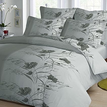Housse De Couette Signature Gris Fleurs Vert Deau 220 X 240