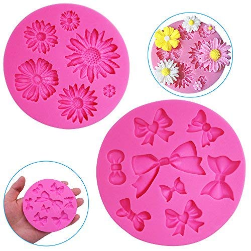 2 Pieces Decorative Silicone Molds, FineGood Chrysanthemum Flower and Bow Tie Shaped, Chocolate Fondant Clay Sugar Craft Soap Decoration Molds DIY Baking Cake Tool - Pink