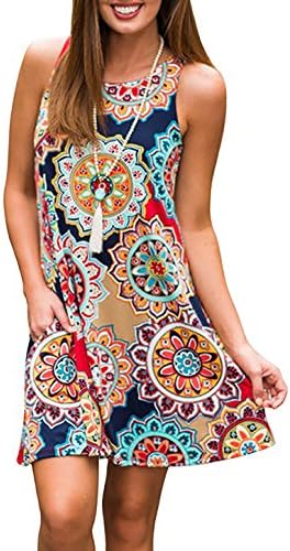 Women's Summer Sleeveless Damask Print Pockets Casual Swing T-Shirt Dress