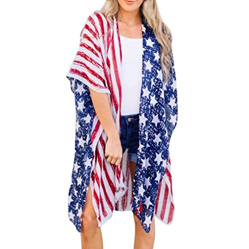 Fiaya Women American Flag Print Half Sleeve Beach Loose Shawl Kimono Cardigan Top Cover Ups (Navy, M) - Thumbnail 2