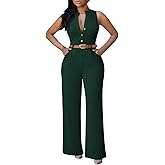 Pink Queen Jumpsuits for Women Dressy V Neck Sleeveless Wide Leg Long Pant Rompers Business Casual Outfits