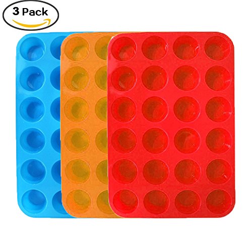 3 Paks Silicone Mini Muffin Pan, 24 Cups Silicone Mold Cupcake Baking Pan, Silicone Muffin Tins Baking Molds. (Orange, Red, Blue)
