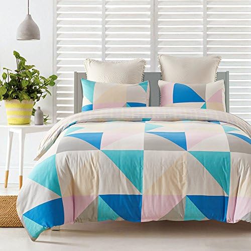 Allentian 100% Cotton Duvet Cover Set Queen with Side Zipper Closure - Printed Geometric Pattern Reversible Design - 3 Piece (1 Duvet Cover + 2 Pillow Cases) (Cotton, Queen(90 x 90'')-Type1)