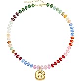 Hoifu Elegant Boho Colorful Beaded Necklace with Gold Bubble Letter A-Z Pendant,Handmade Trendy Summer Beach Initial Necklace Chain,14K Gold-Plated Natural Stone Choker, Perfect Festival Jewelry Gift for Women