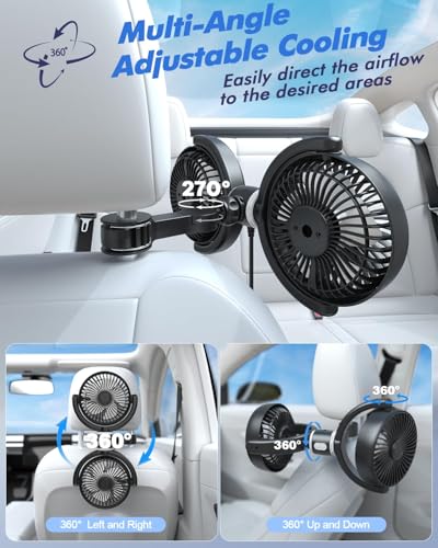Car Fan USB Powered for Baby: Dual Car Cooling Fans for Backseat 3 Speed Separate Controlled Quiet Brushless Motor 360° Rotatable Rear Seat Air Circulation for Vehicle Van Truck SUV RV(USB Plug)