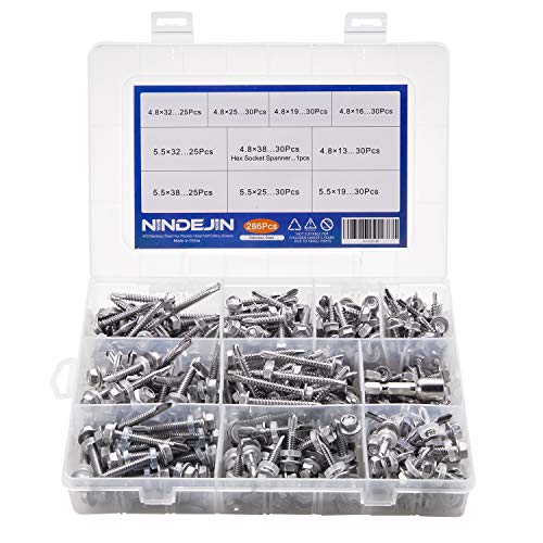 NINDEJIN M4.8 M5.5 Self Drilling Screws Assortment Kit Hex Washer Head Screws & Hex Socket Spanner, 410 Stainless Steel, 286pcs - Thumbnail 2