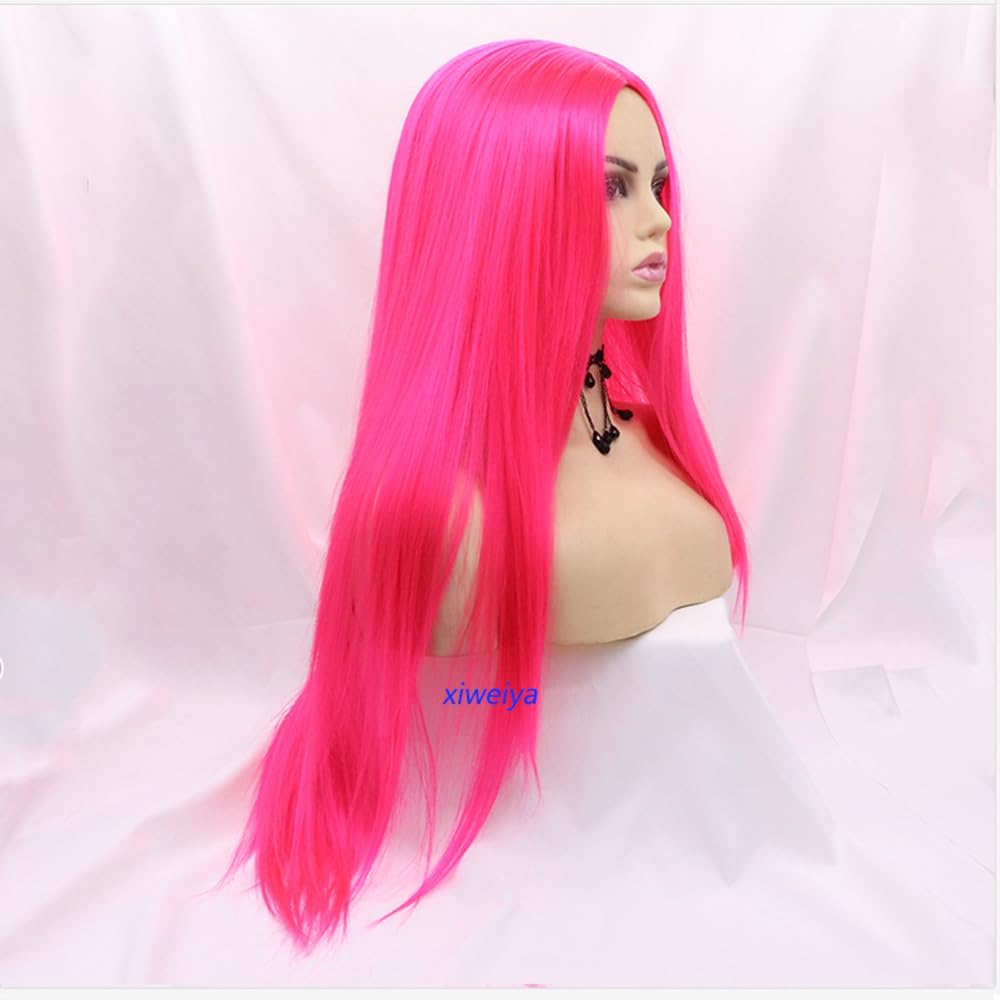 Xiweiya Long Rose Red Silky Straight Synthetic Wigs Hot Pink Wigs Middle Part Heat Resistant Fiber Half Hand Tied Wig For Women 24inch — image 1