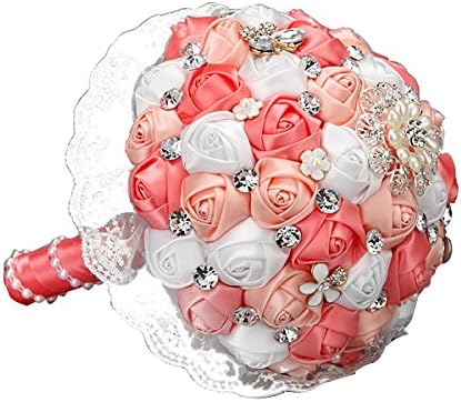 Lace Satin Brooch Wedding Bouquet For Bridal Holding Flowers Coral Pink White