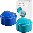 THINKPRICE Denture Bath Box Cup, Complete Clean Care for Dentures, Clear Braces, Mouth Guard, Night Guard & Retainers, Traveling (Navy Blue & Blue)