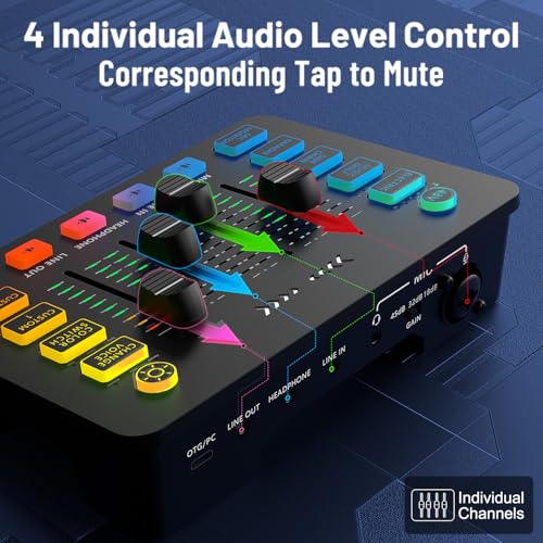 4-Channel XLR Audio Mixer with 48V Power - 6 Voice Effects, RGB Lighting, Mute, Individual Volume Control for Windows/macOS/Linux/DJ/Podcast/Streaming/Gaming